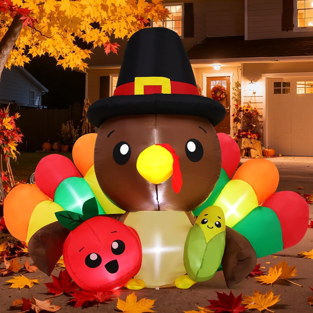 Turkey inflatable in a pilgrim hat with rainbow feathers beside a smiling apple and corn on fall leaves