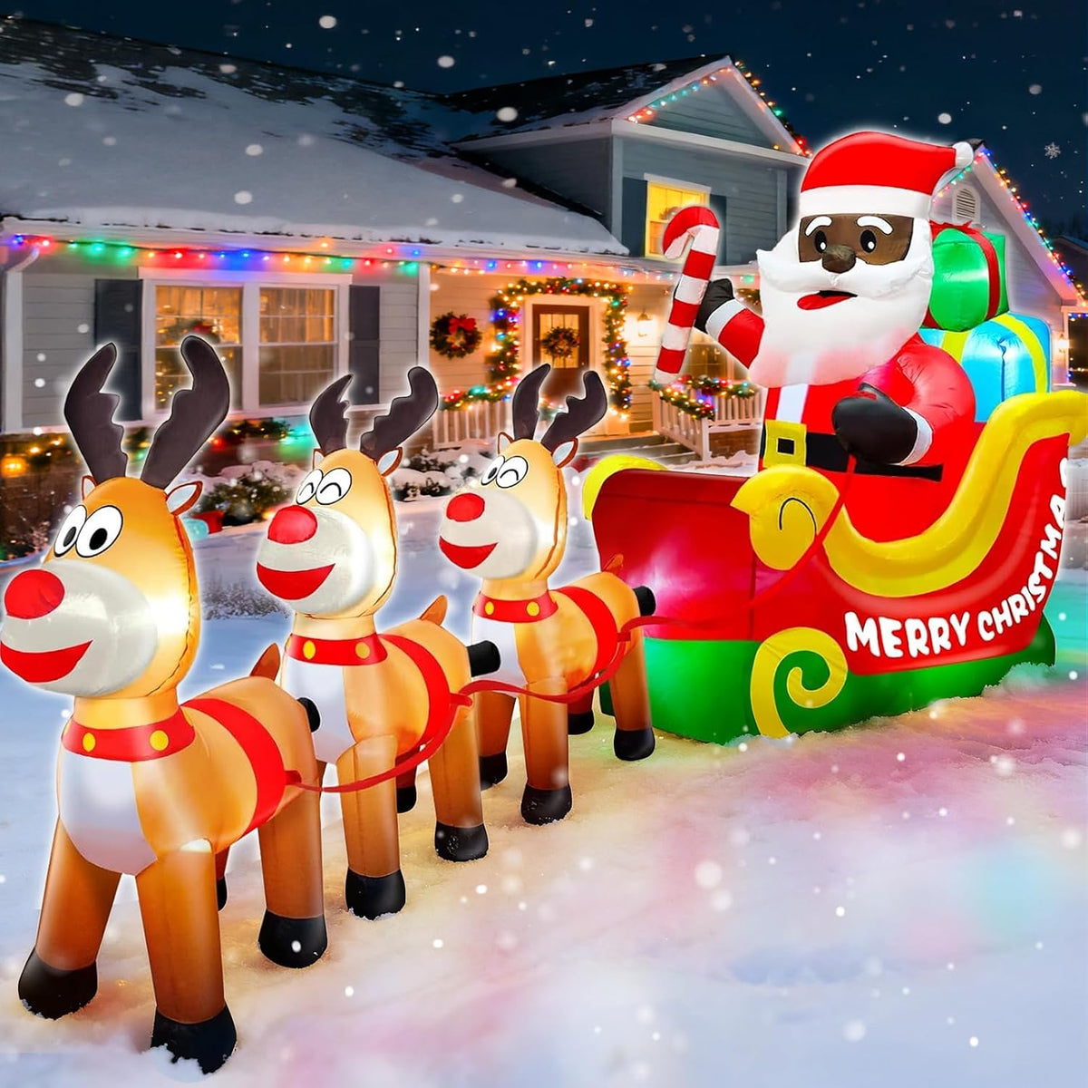 12 ft Black Santa in a Sleigh with Three Reindeer Christmas Inflatable