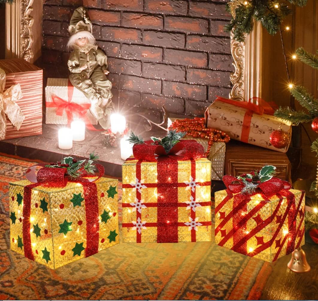 3-Pack Lighted Christmas Gift Boxes, 15, 13 and 10.5 in, 91 LEDs
