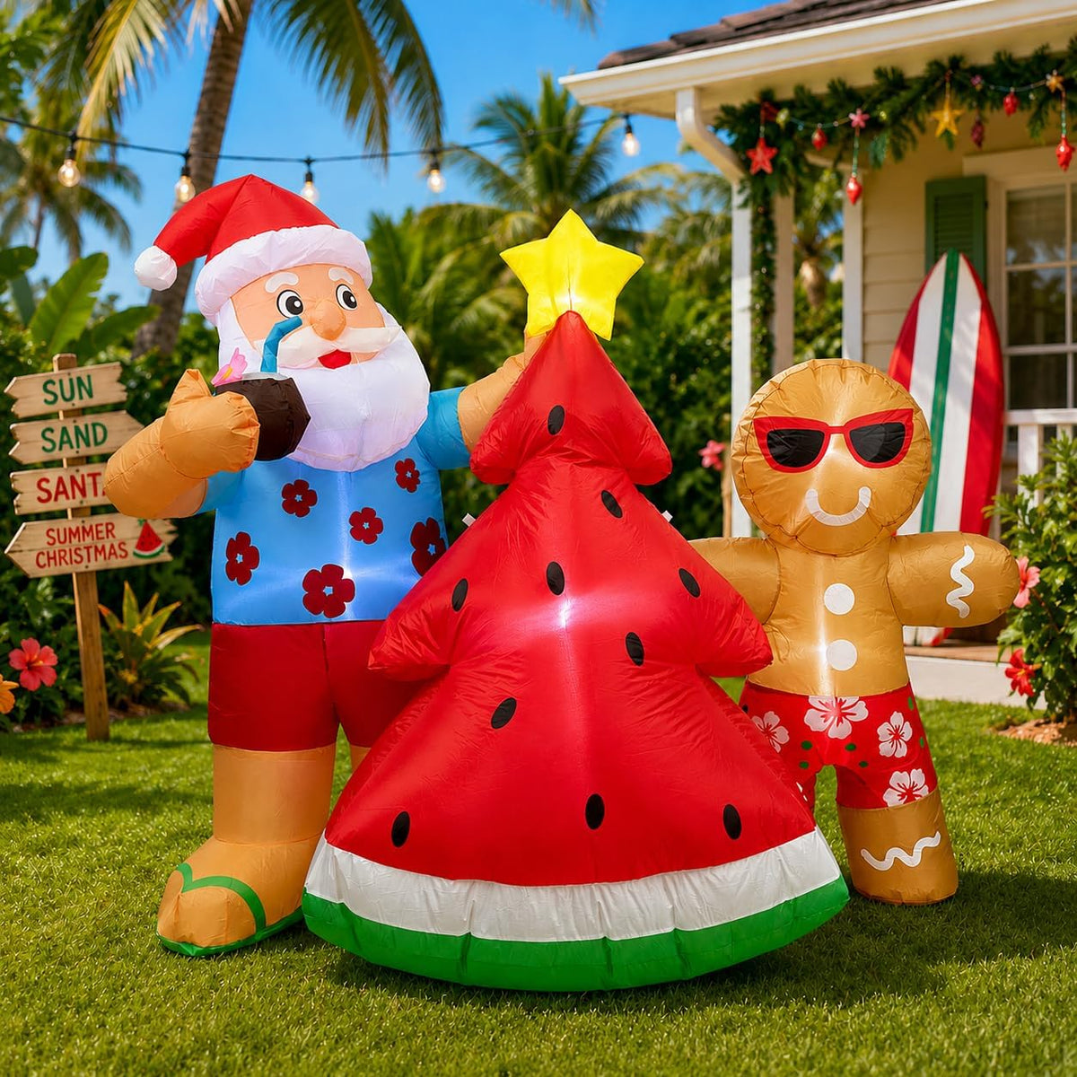 5.7 ft Christmas in July Hawaiian Santa with Watermelon Inflatable