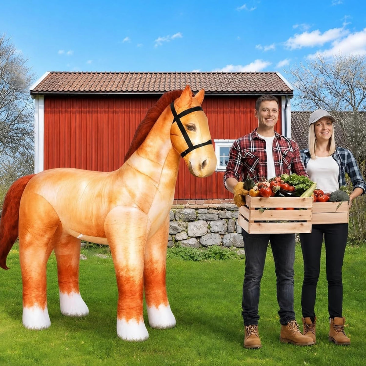 Realistic brown horse inflatable in front of a red barn beside a couple holding produce