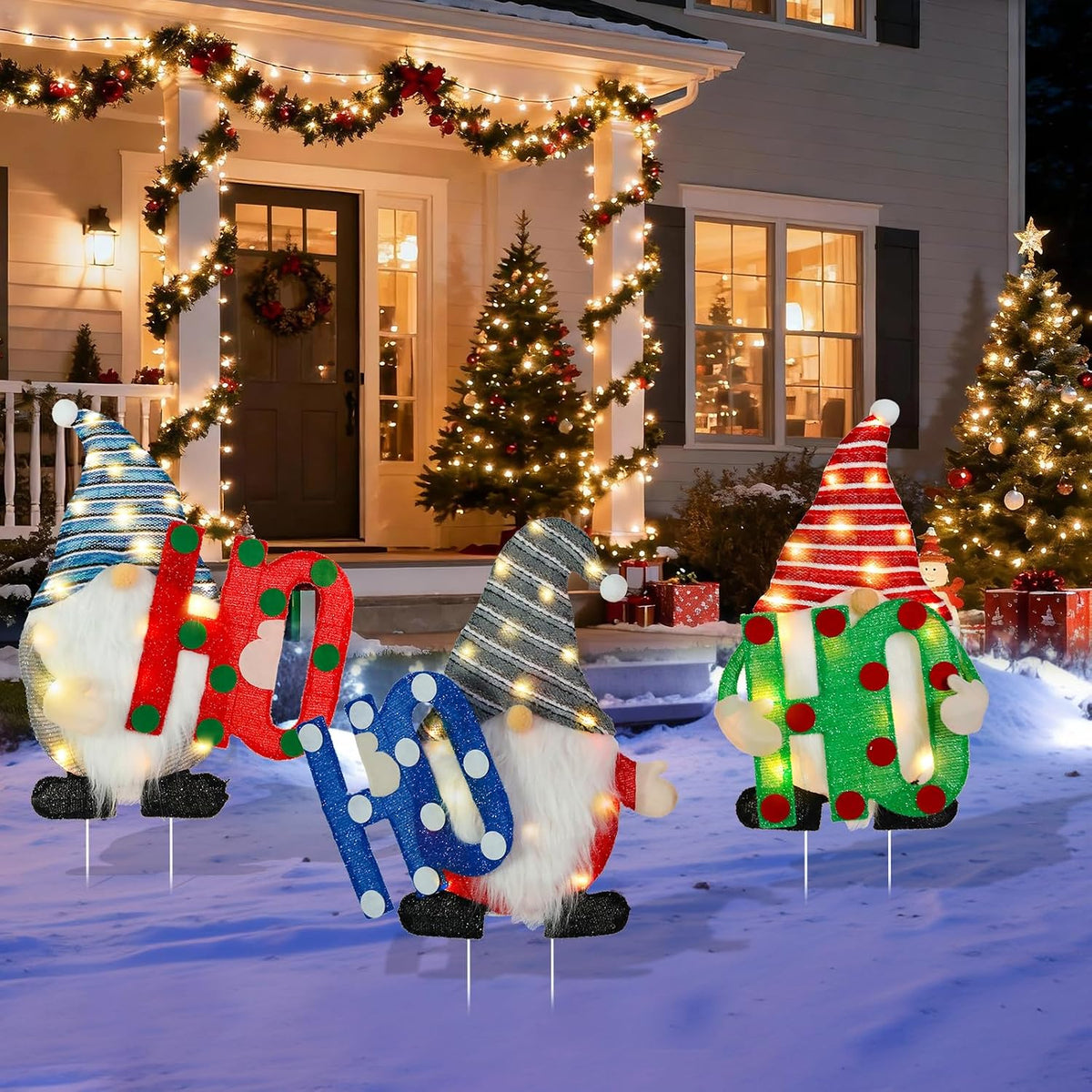 Lighted Glittered Gnome HO HO HO Christmas Yard Stakes