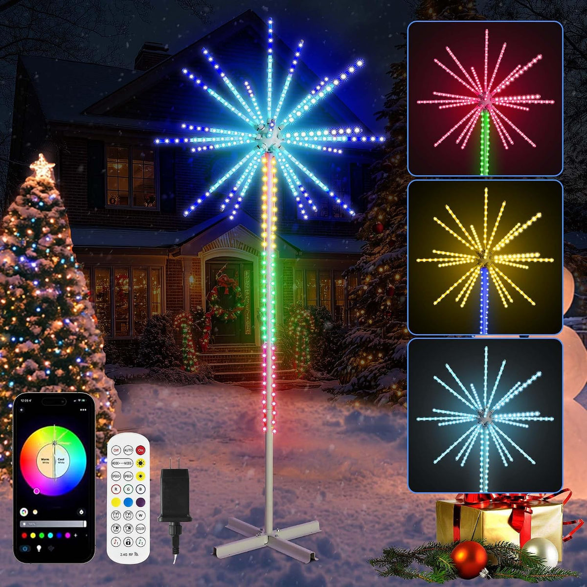 Tall firework-style LED light tree bursting in color in a snowy yard with an app, remote and color samples