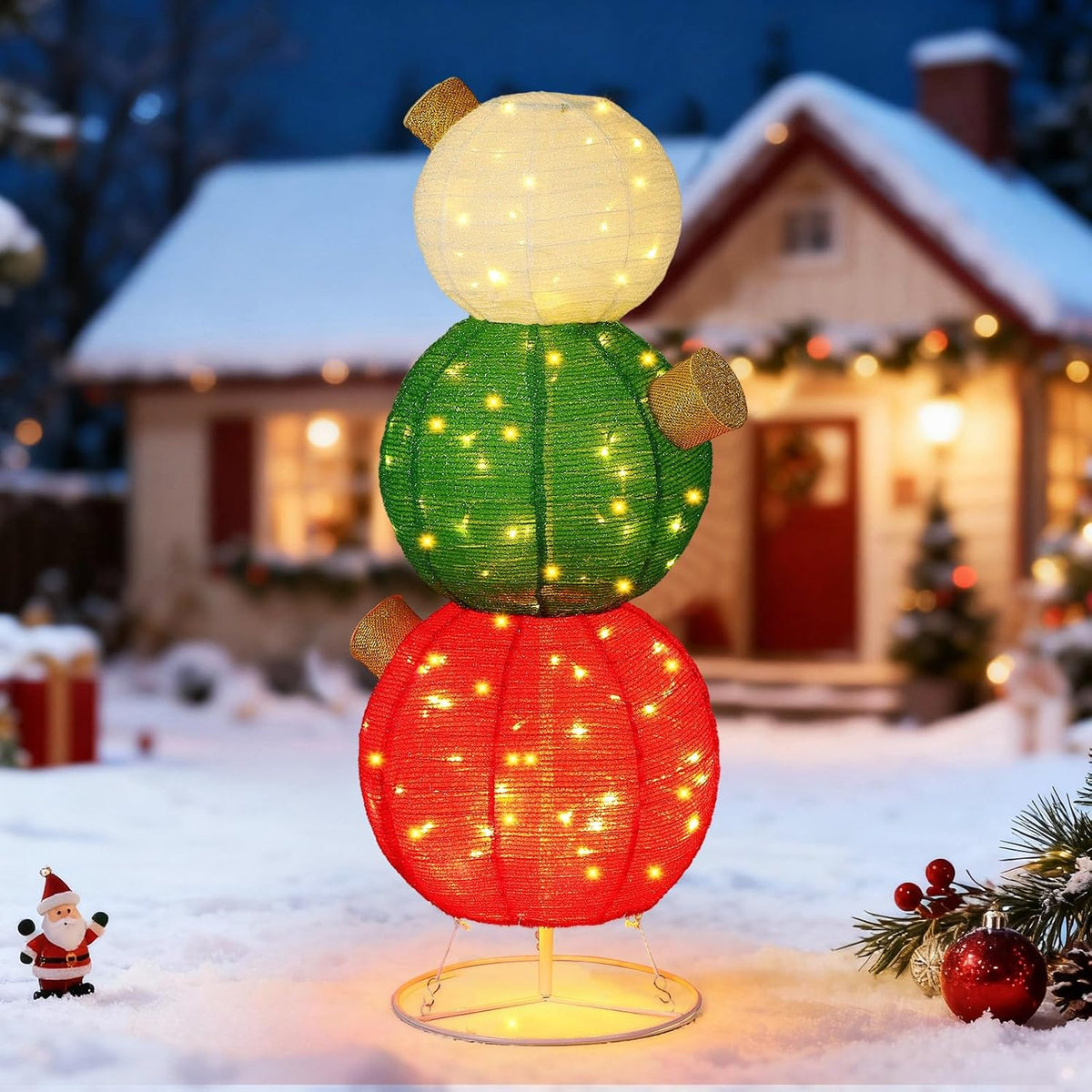 3 ft Pop-Up Lighted Christmas Ball Ornaments, White, Green and Red