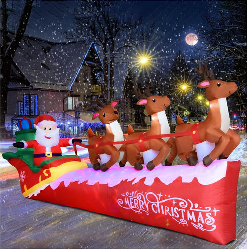 10FT Christmas Inflatable Santa Claus on Sleigh with 3 Reindeer, Blow Up Yard Clearance with LED Lights