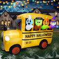 Yellow Happy Halloween school bus inflatable with a ghost, a monster, a pumpkin and a witch in the windows