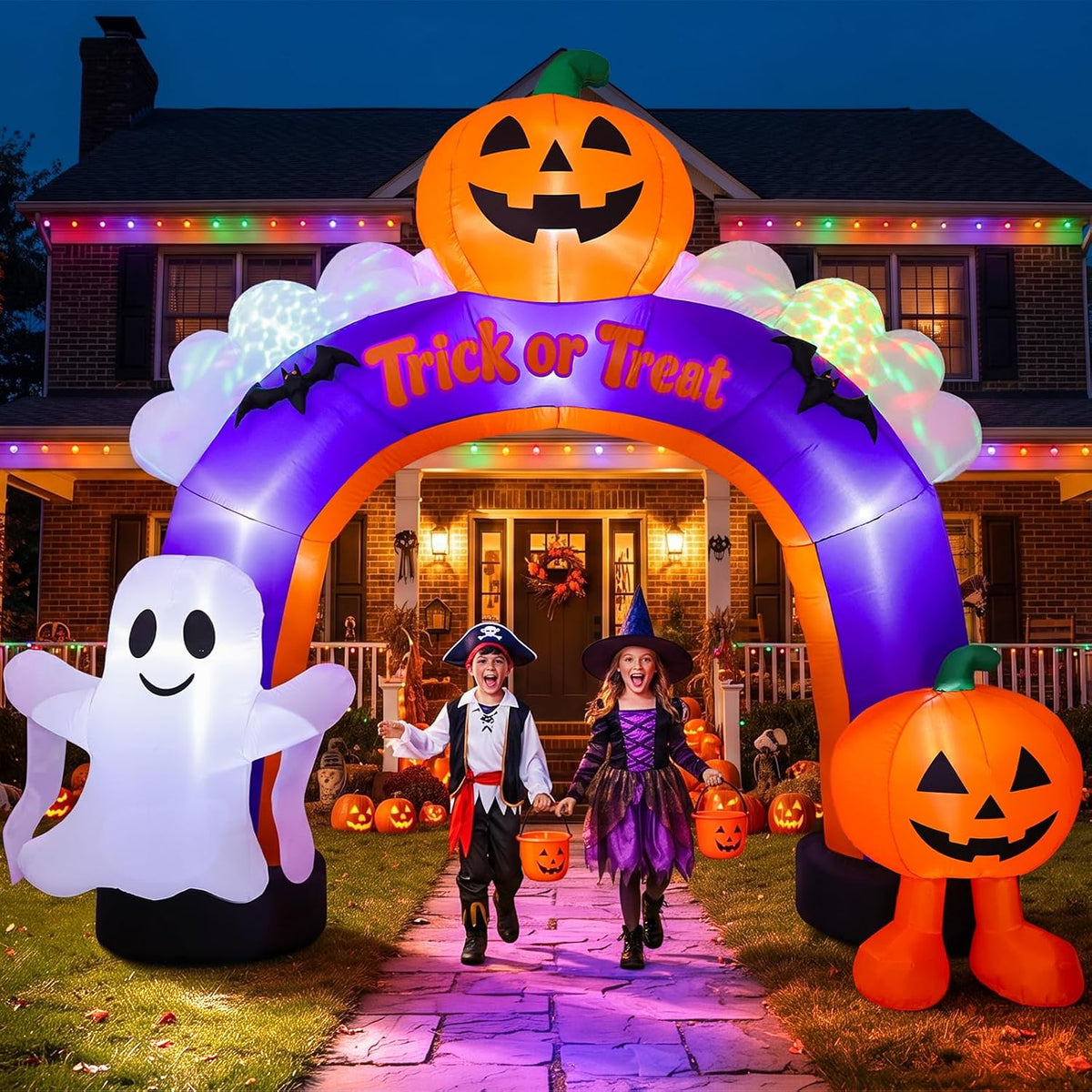 10.5 ft Lighted Pumpkin Ghost Halloween Archway Inflatable