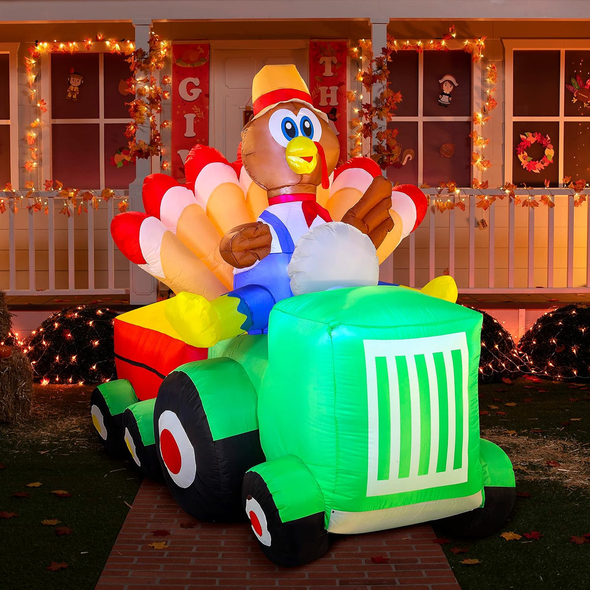 8 ft Turkey Driving a Car Thanksgiving Inflatable, LEDs
